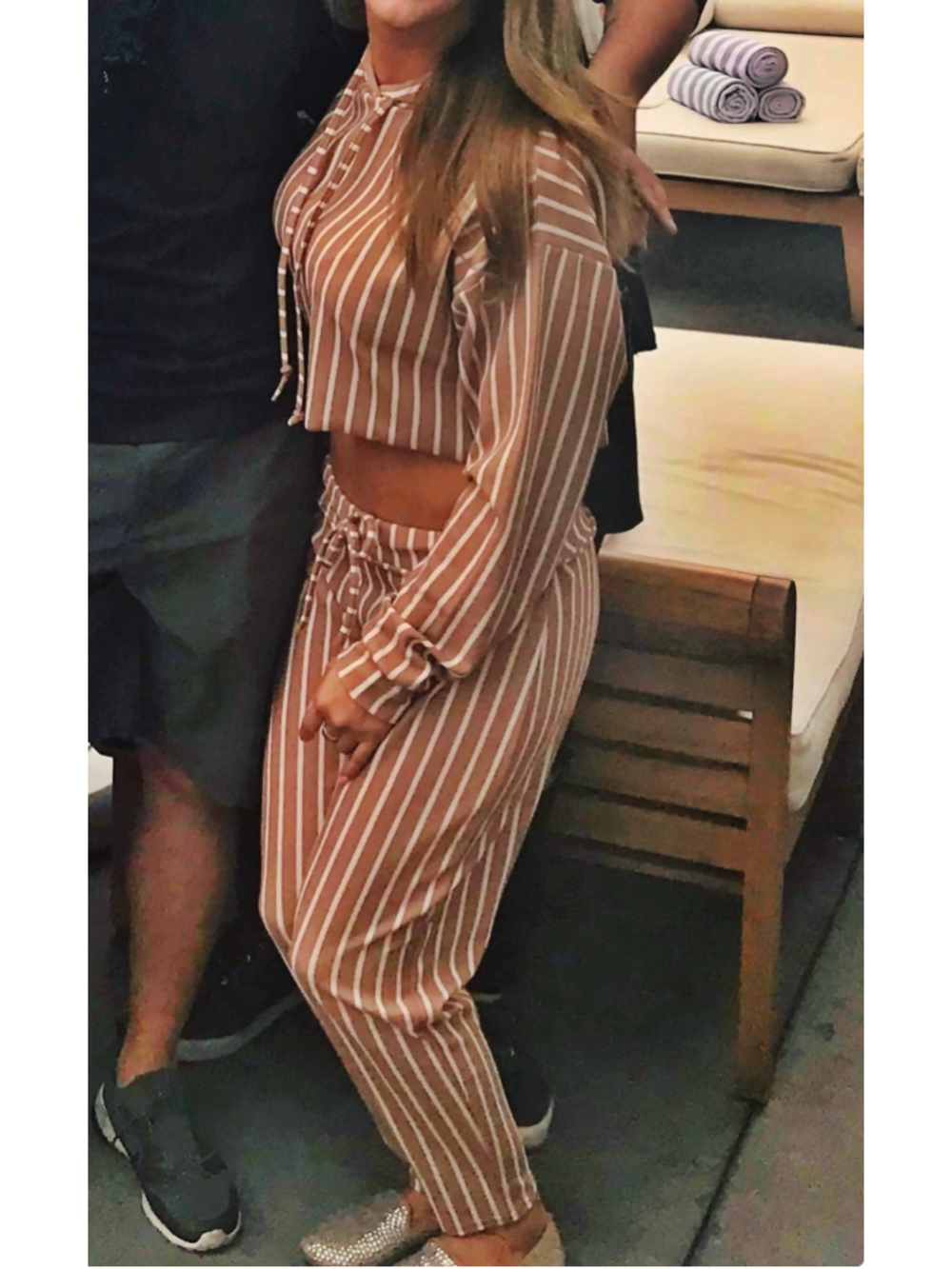 Missguided Striped cropped Hoodie Camel Stripe Tie Waist Cigarette Pants